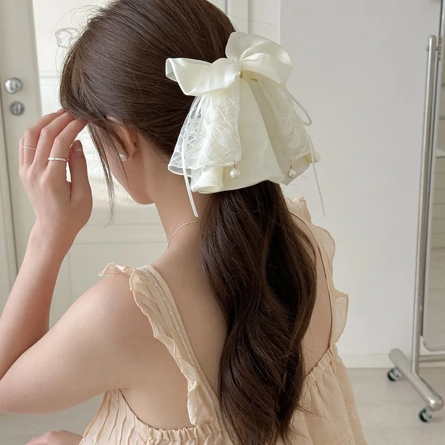 

Hair Shark Clip Bow Lace Pearl Pendant Korean Elegant Alligator Style Ponytail Accessory for Back Head Updo Gift