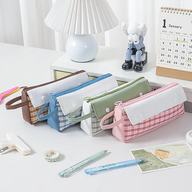 Japanese Style Fresh Plaid Combination Stationery Pencil Case Student Artistic Handheld Double Mouth Pen Bag Storage