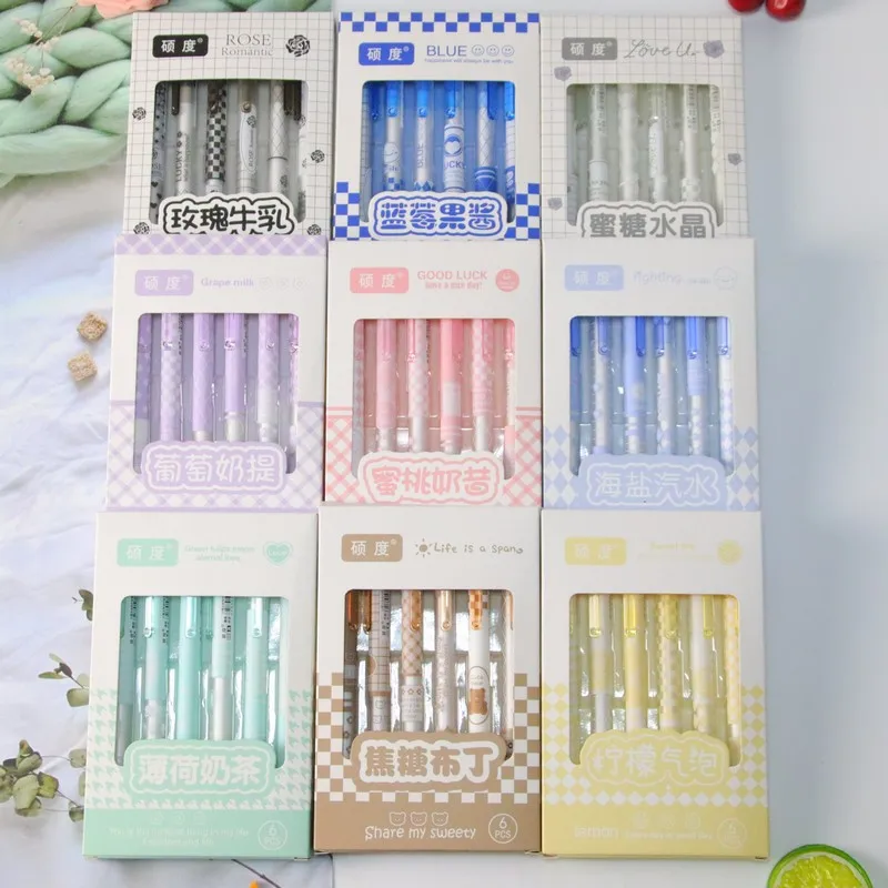 

6PCS High Appearance Boxed Press Pen 6 Pack Push Neutral Pen Set Creative Stationery Exam Writing Tool Ink Pen Device