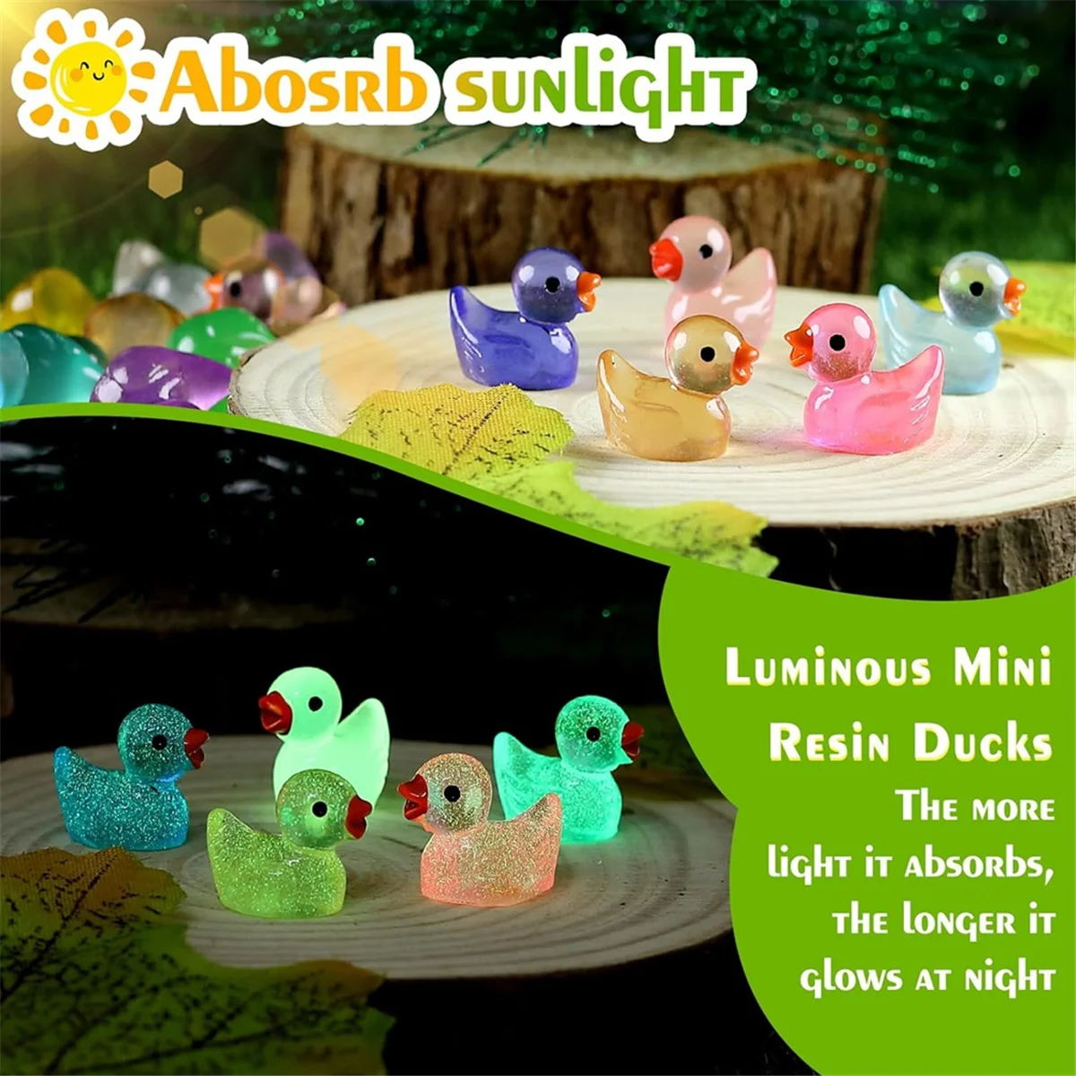 200 Uds. Mini patos luminosos de resina que brillan en la oscuridad, pato pequeño para jardín, Navidad, fiesta de cumpleaños, decoración artesanal ST