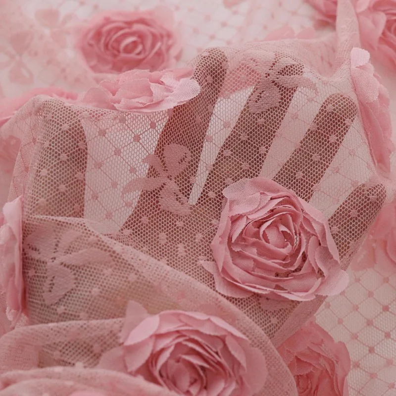 Pink 3D Rose Embroidery Mesh Lace Fabric for Wedding Dress Designer Fabric By The Meter