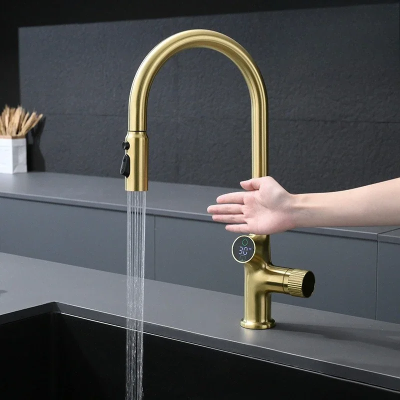 Brushed Gold Smart Kitchen Tap with Digital Temperature Display, Touch Sensor Pull Out Spray Hot Cold Mixer Faucet