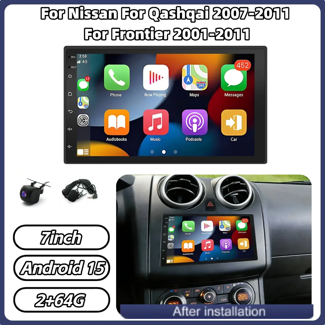 

7-дюймовая автомобильная мультимедийная система Android 15 с поддержкой CarPlay для Nissan Qashqai 2007-2011, Frontier 2001-2011, Juke 2010-2011