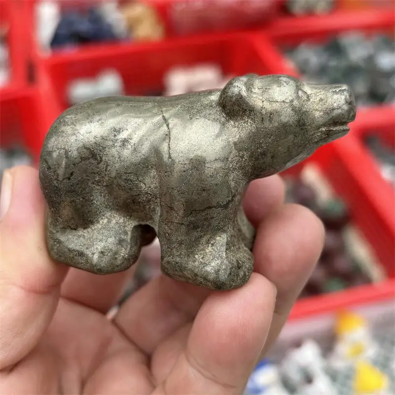 Natural Pyrite Bear Carving Crystal Love Healing Fengshui Gemstones HomeDecoration Holiday Gift 1PCS
