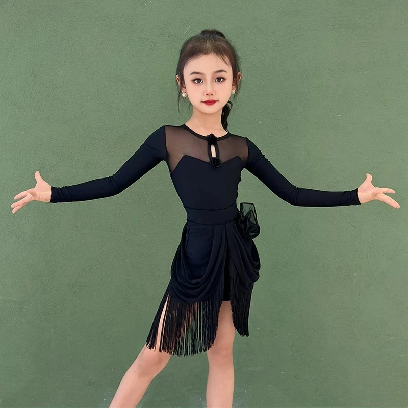 

New Latin Dance Dress for Girls Spring/Summer Long Sleeve Mesh Dress for Children Latin Dance Practice Dress for Girls