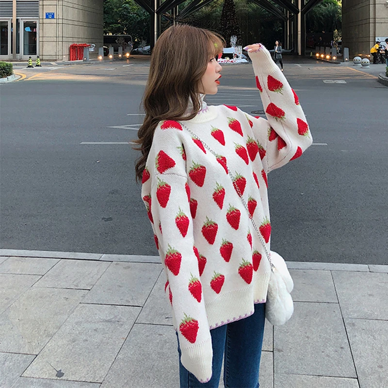 Maglione da donna coreano maglieria autunno inverno nuovo manica lunga O collo frutta donna Casual Pullover maglioni larghi spessi per donna