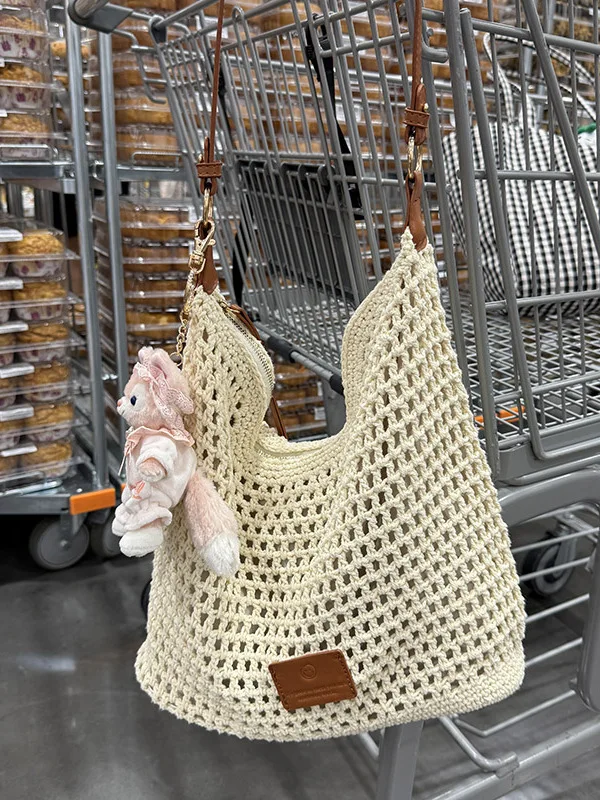 2025 صيف جديد حقيبة نسائية صغيرة شاطئ Vaion السفر المنسوجة الجوف خارج حقيبة كتف الكورية Sle القطن اللون حقيبة