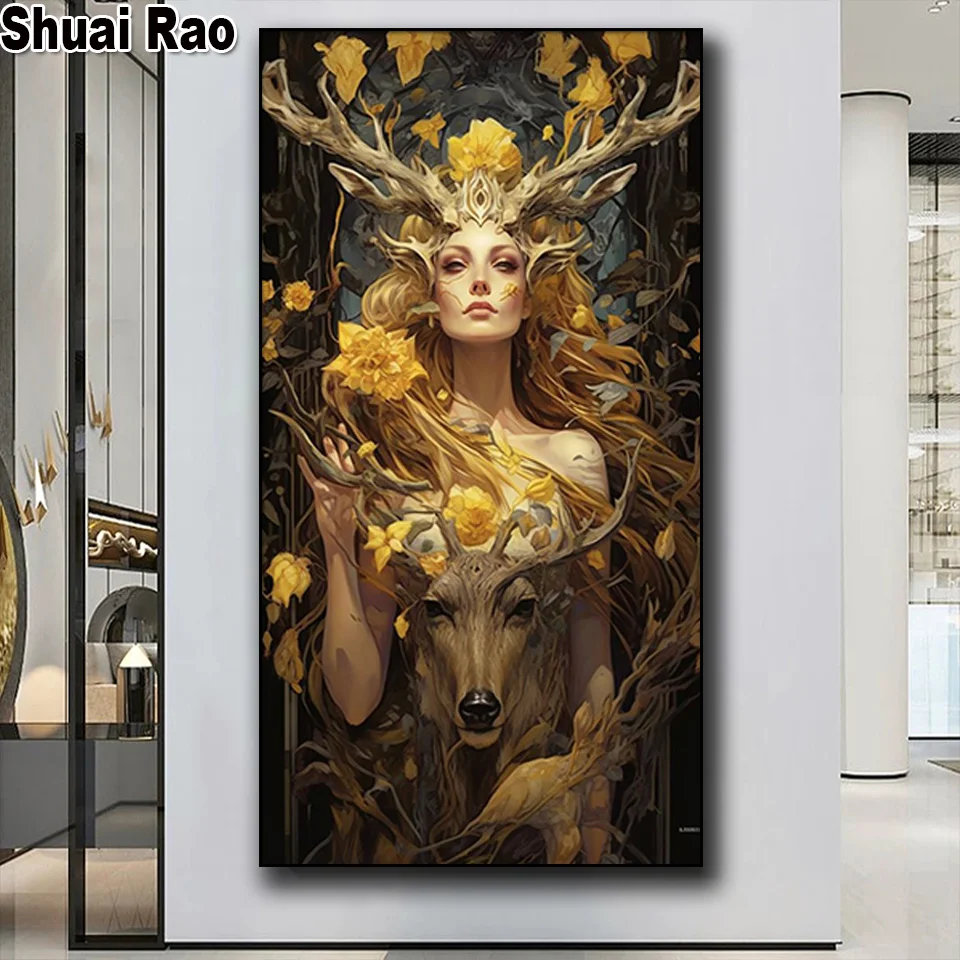 Large Size Deer goddess Diamond Mosaic Full Square Round Diamond Painting Embroidery Cross Stitch portrait Home Decor