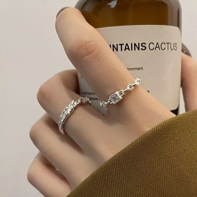 Tinfoil Fold Chain Square Crystal Ring Jewelry Open Adjustable Index Finger Anneaux for Men Women Anillos Aesthetic Accessories