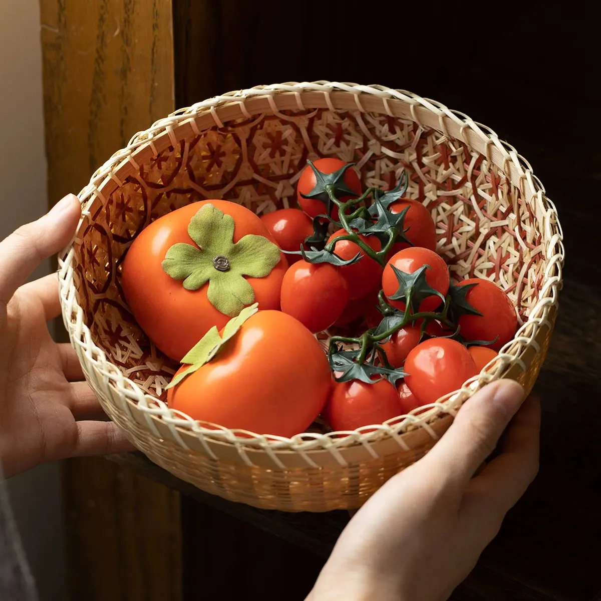 1 Pc 7/ 8.6/9.8inch Bamboo Woven Dustpan Round Cut Out Dustpan Sieve Bamboo Wooden Storage Basket Household Perforated Fruit Basket Vegetable