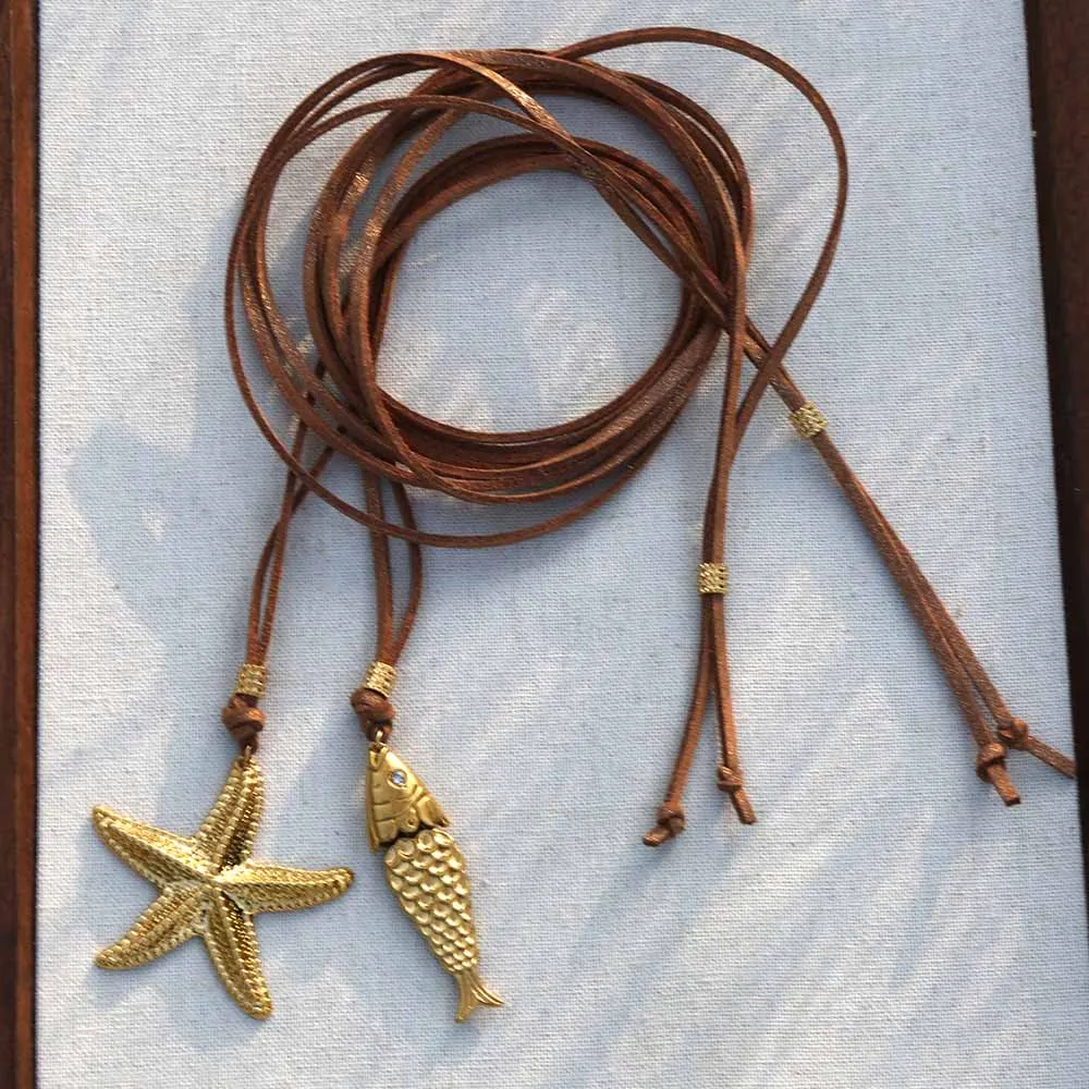 Handmade Chunky stainless Sea star fish cherry Pendant Necklaces for Women brown gold powder Leather Rope Sweater Chain Chokers
