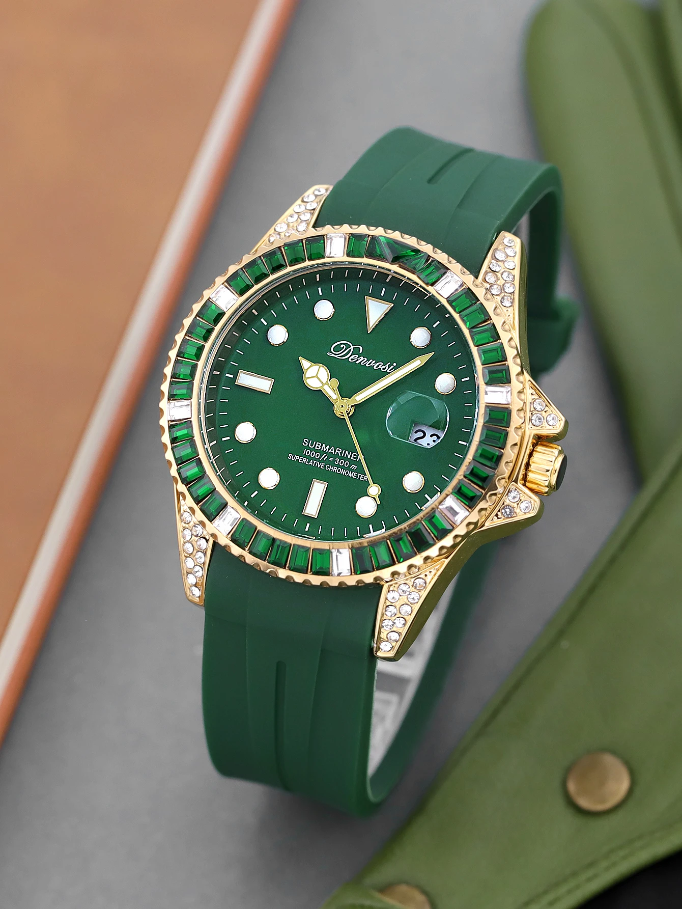 DENVOSI مجموعة الماس الفاخرة كوارتز ساعة فاخرة سيليكون الشريط التقويم ساعة للجنسين