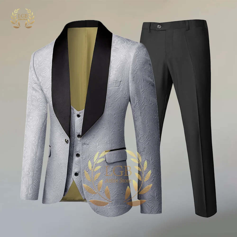 Men's navy blue suit jacket vest trousers 3 piece suit wedding/dinner suit fashion new floral suit jacket groom clothes