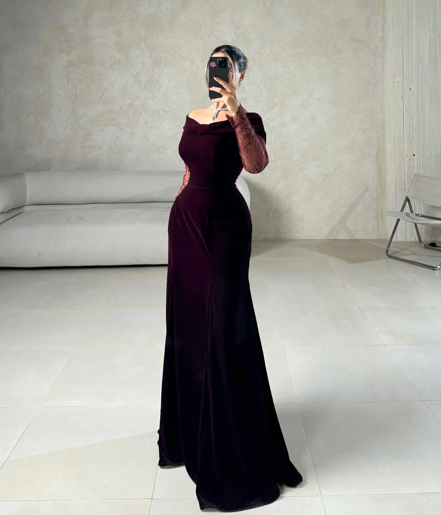 QA Elegant Sharon Happy Evening Dresses Off-the-shoulder Velvet Lace Long Sleeves Bow Pleats A-line Prom Floor Length Zipper