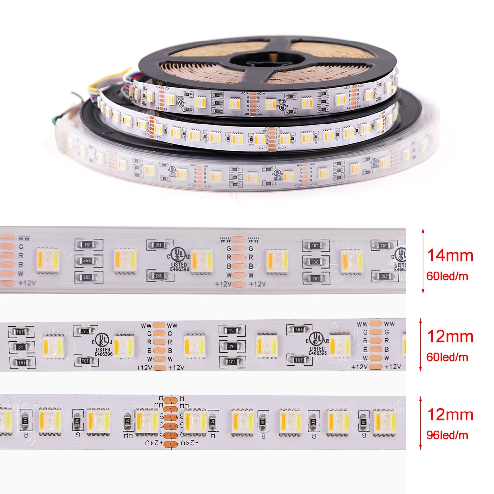 Bande lumineuse RGB CCT LED, DC 12V 24V, 5 couleurs en 1, puce SMD 5050 60 96 diodes/m, ruban flexible