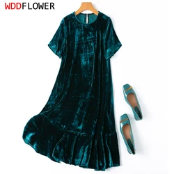 Women Silk Velvet Dress Real Mulberry Silk Boby Doll Solid Color Dark Green Ruffles Big Hem Comfortable A-line Midi Dress MM988