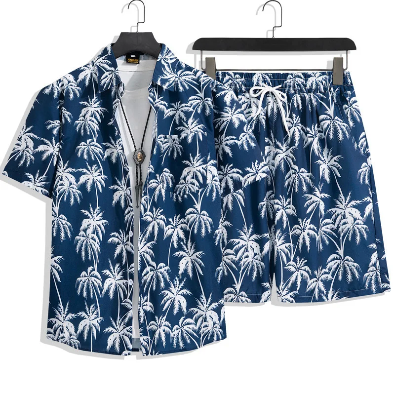 Summer Casual Men's 2-piece Hawaiian Style Oversized Short-sleeved Shirt Set 3D Coconut Tree Printing Loose Clothing Suits