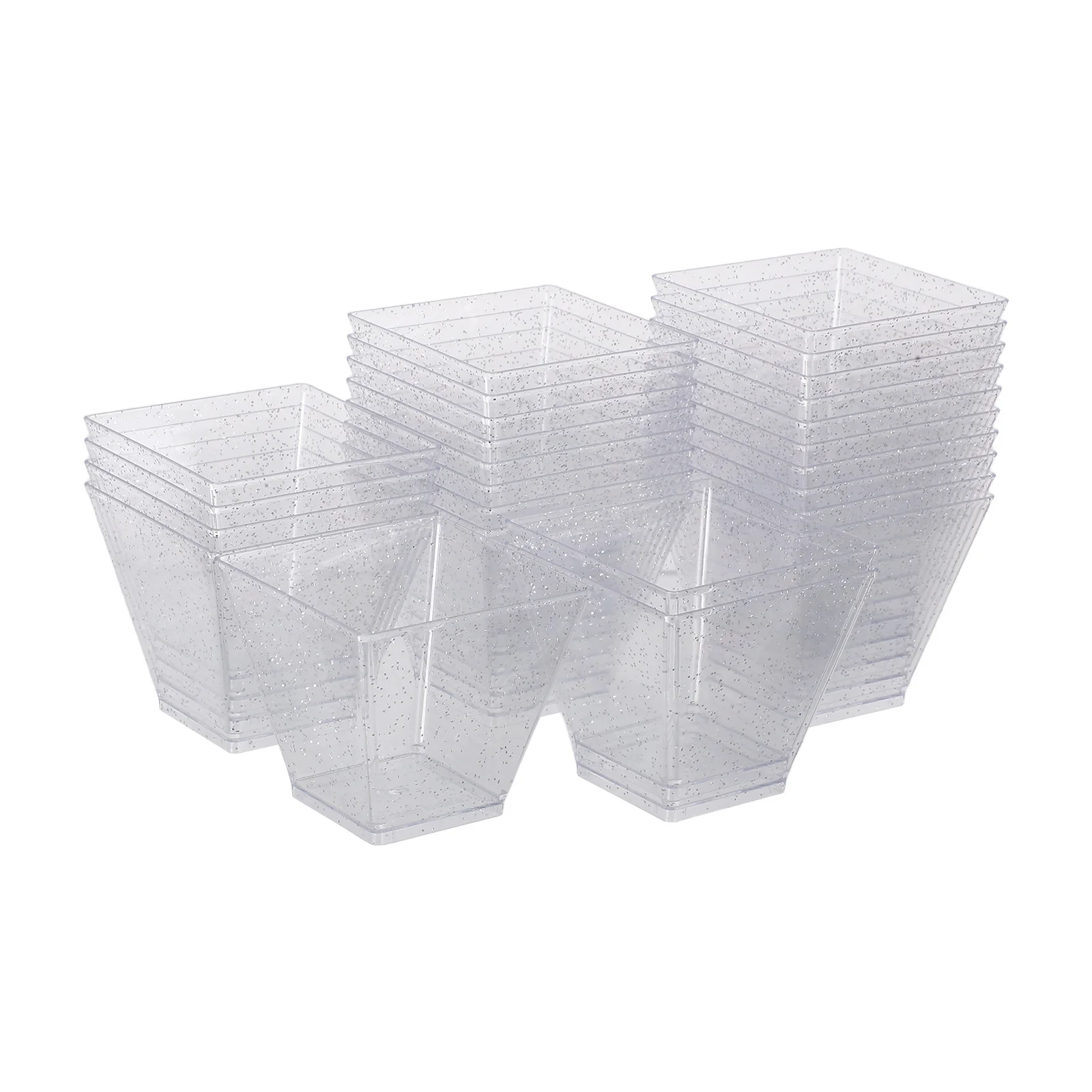 

25Pcs Silver Glitter Dessert Cups Square Clear Plastic 60ml Mini Snack Serving Bowls Mousse Yogurt Parfait Pudding Cups