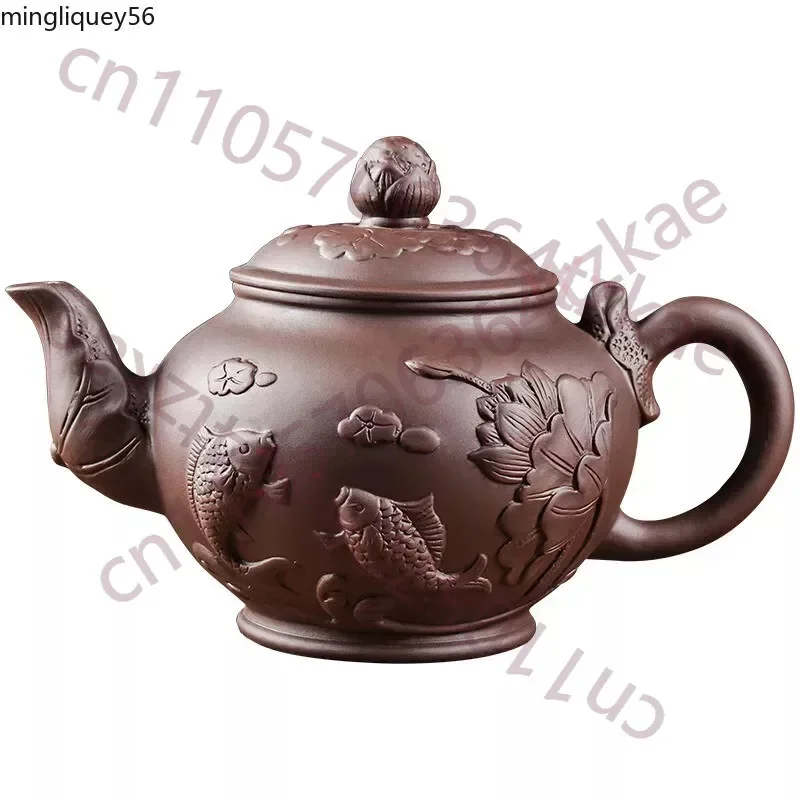 Large Capacity Yixing Purple Clay Tea Pot Hand-carved and Painted Lotus