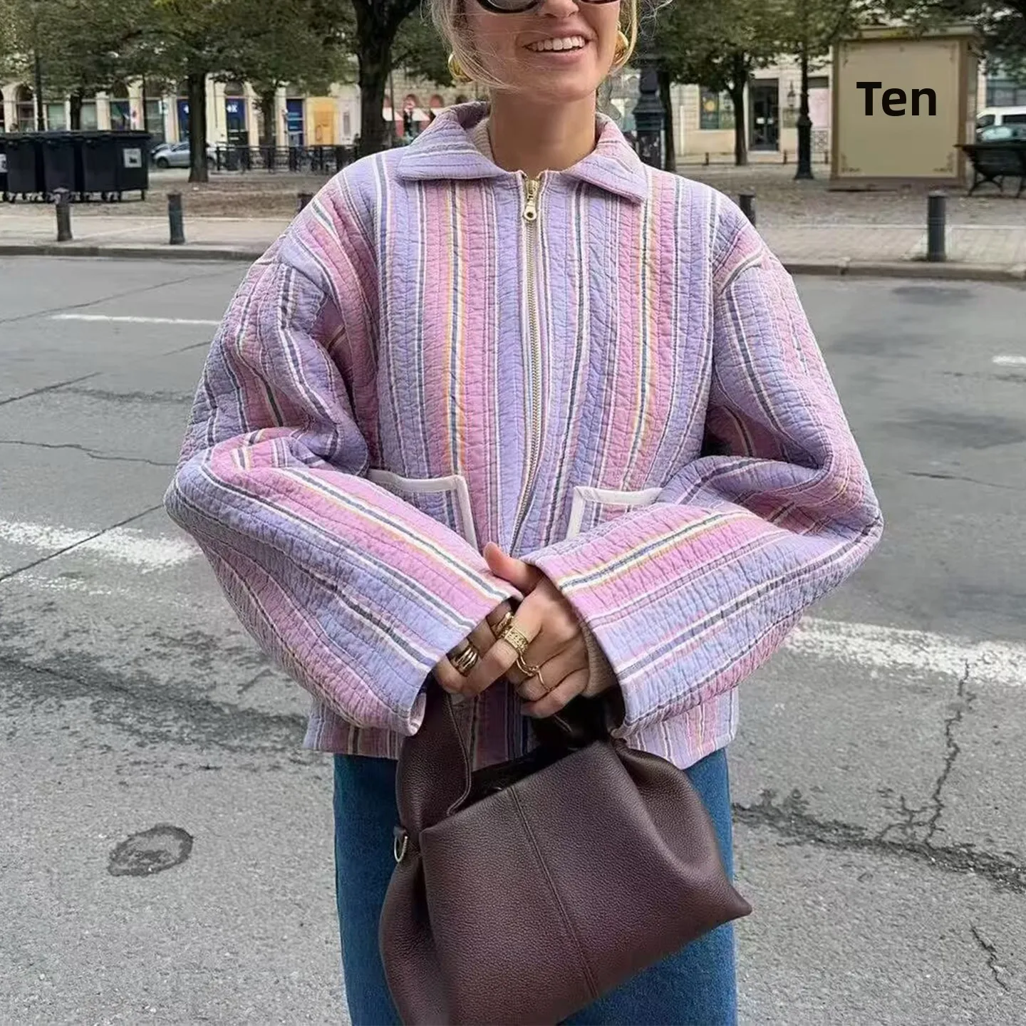 

Sweet Drlike полосатый хлопок Jaet Long Sve с отложным воротником для поездок на работу, стандартный крой, застежка-молния, женская мода