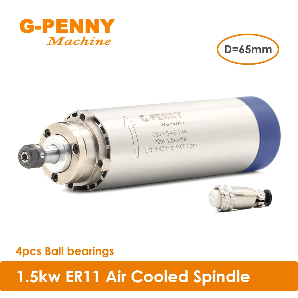 1.5kw ER11 air cooled spindle 4 pcs bearings 24000rpm wood working spindle motor 65x204mm air cooling 400Hz