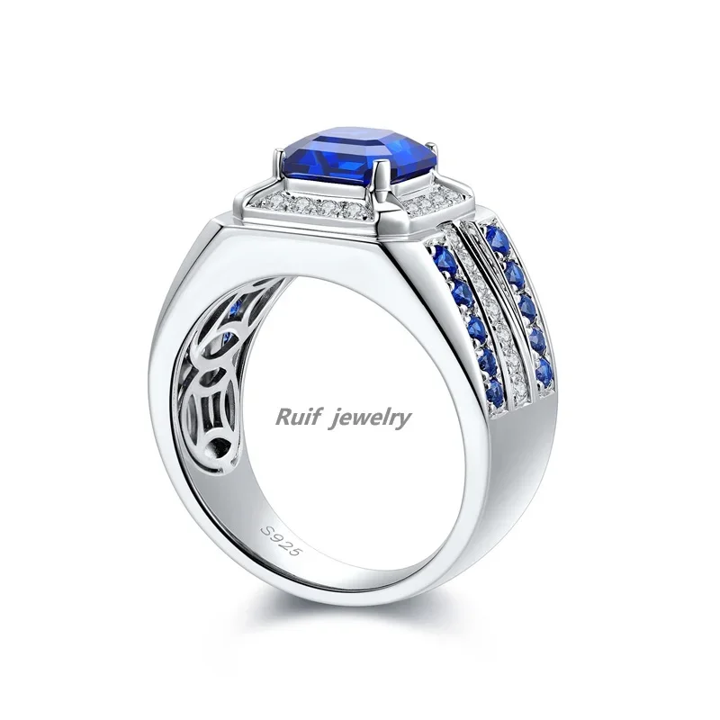 Ruif New 925 Silver Center Stone about 2.96ct Lab Grown Sapphire Rings for Men Fashion Noble Style