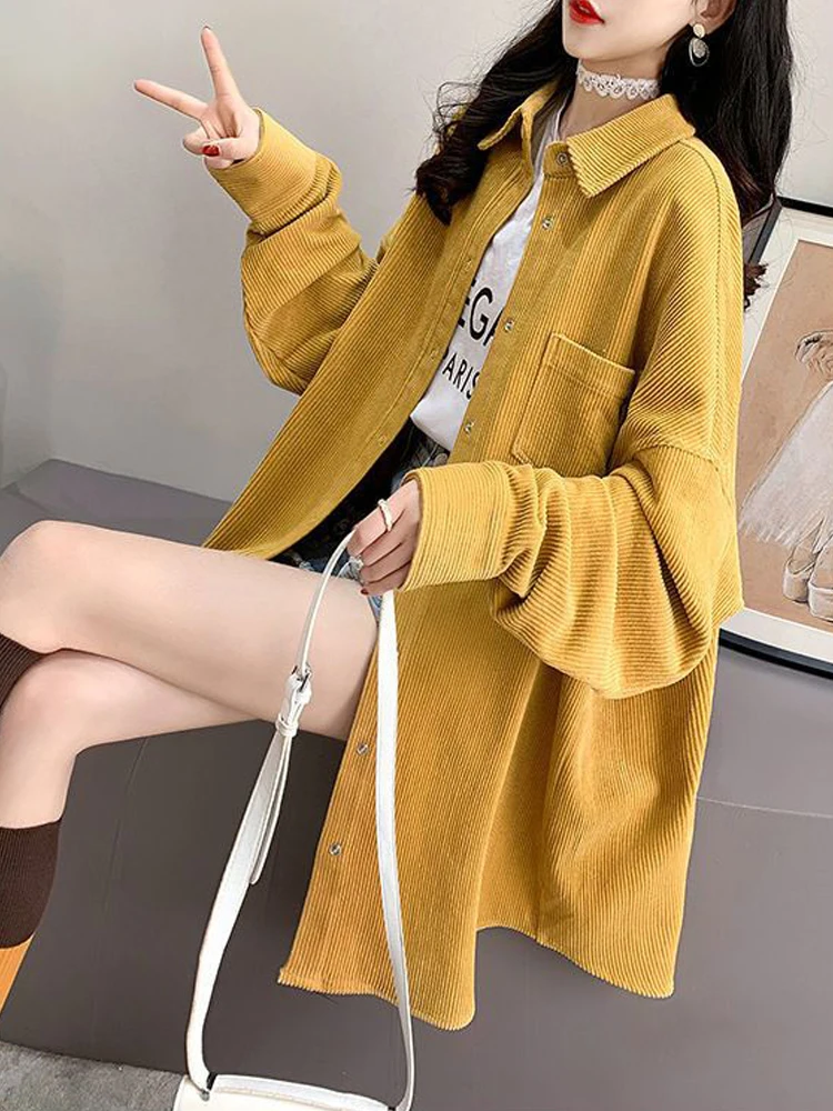 Damska gruba koszula sztruksowa z długim rękawem, luźna bluzka, ciepła zimowa odzież wierzchnia, codzienna odzież do pracy biurowej, płaszcz, beżowo-żółty