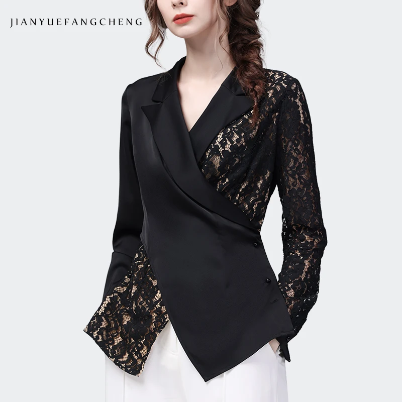 Fashion Spliced Design Women\' Long Sleeve Suit Collar Black Lace Satin Top 2023 Spring Summer New Elegant Slim Casual Shirts