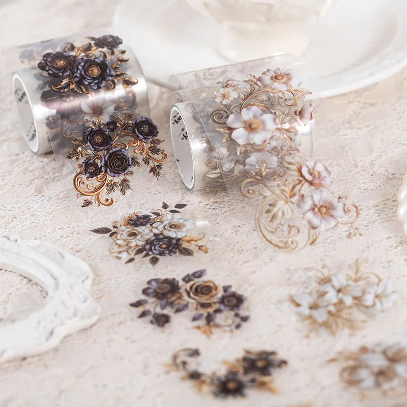 1 Roll Baroque Floral Themed Adhesive Tape Stickers, Ornate Flower Patterns with Intricate Scrollwork & Curves Decoration
