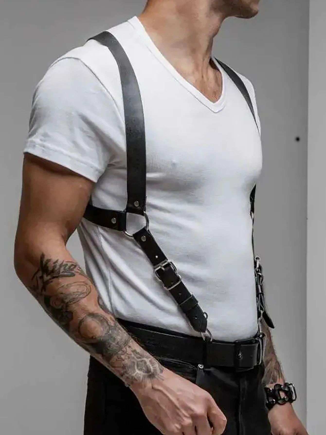 PU Leather Chest Harness for Men, Adjustable Suspenders