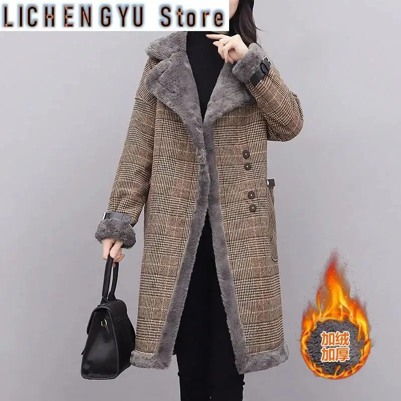 Autumn Winter Long Woolen Jackets Women's Clothing Velvet Fur Collar Cold-Resistant Warm Coat Plaid Parka Female