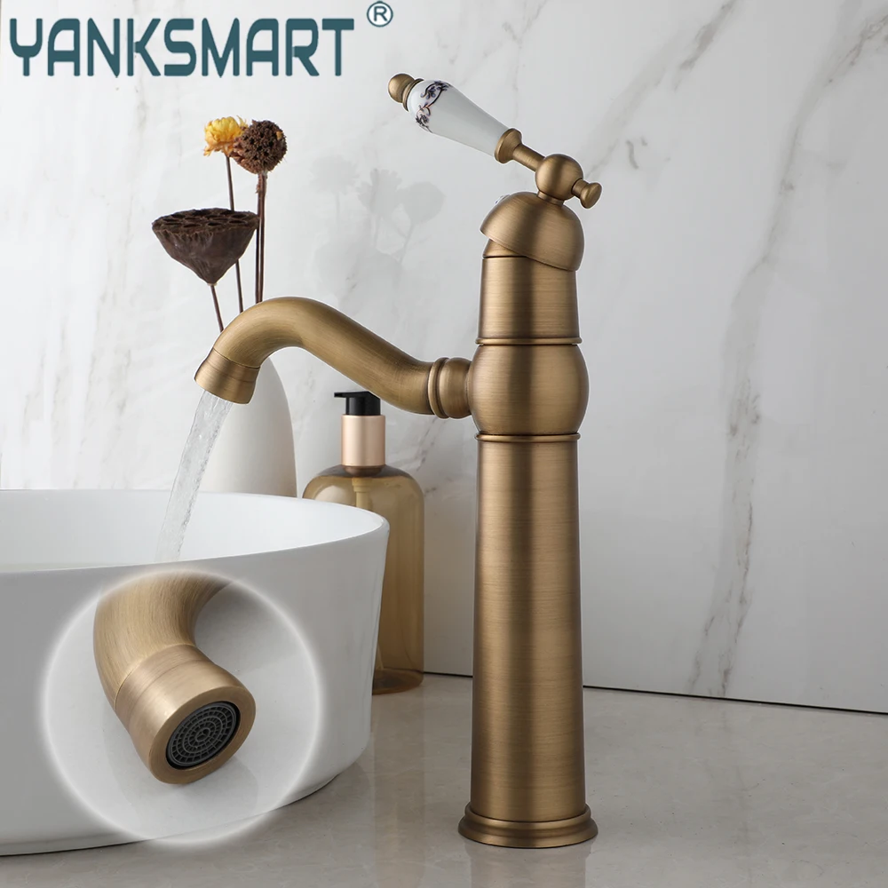 

YANKSMART Antique Brass Bathroom Faucet 360 Swivel Deck Mounted Single Handle Sink Hot and Cold Faucets Basin Mixer Water Tap