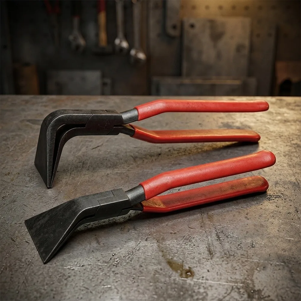 Industrial Grade 90 and 45 Degree Angle Pliers with Plastic-Coated Jaws and Ergonomic Rubber Handles for Fabrication Workflows