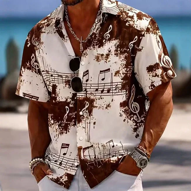 Summer Men's Color-Blocked Musical Note 3D Print Outdoor Loose Casual Shirt, Suitable for Beach Vacations and Beach Shirts