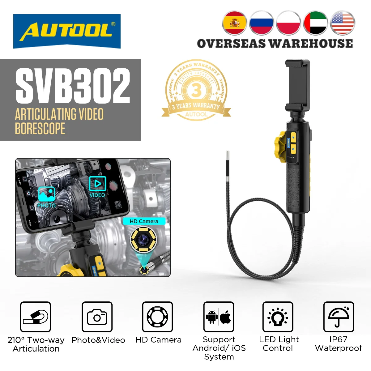 AUTOOL SVB302 720 HD Car Industrial Endoscope USB Video Borescope Waterproof IP67 IMG & Video Autofocus Endoscope for Car