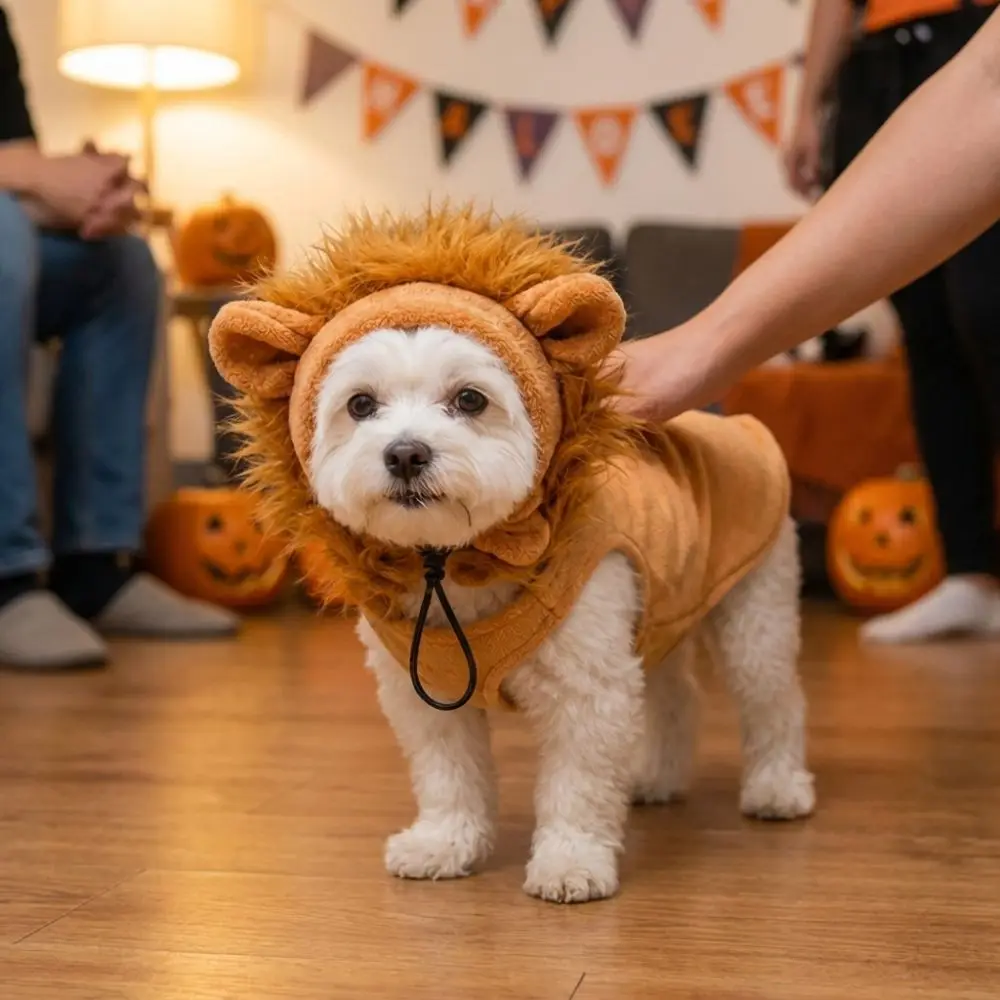 3D Fluffy Lion Costume Dog Outfit Set Breathable Thick Soft Plush Dog Lion Mane Hat Skin-friendly Simulated Lion Mane