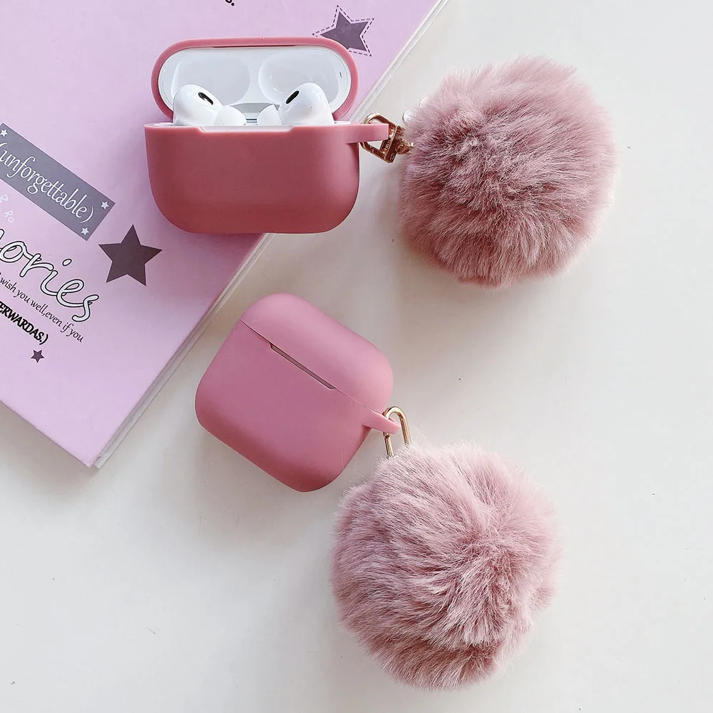 Winter Sand Powder Hair Ball Plush Fur Pendant Earphone Case For AirPods 4 ANC AirPod 1 2 3 Pro Pink Silicone  Protective Cover