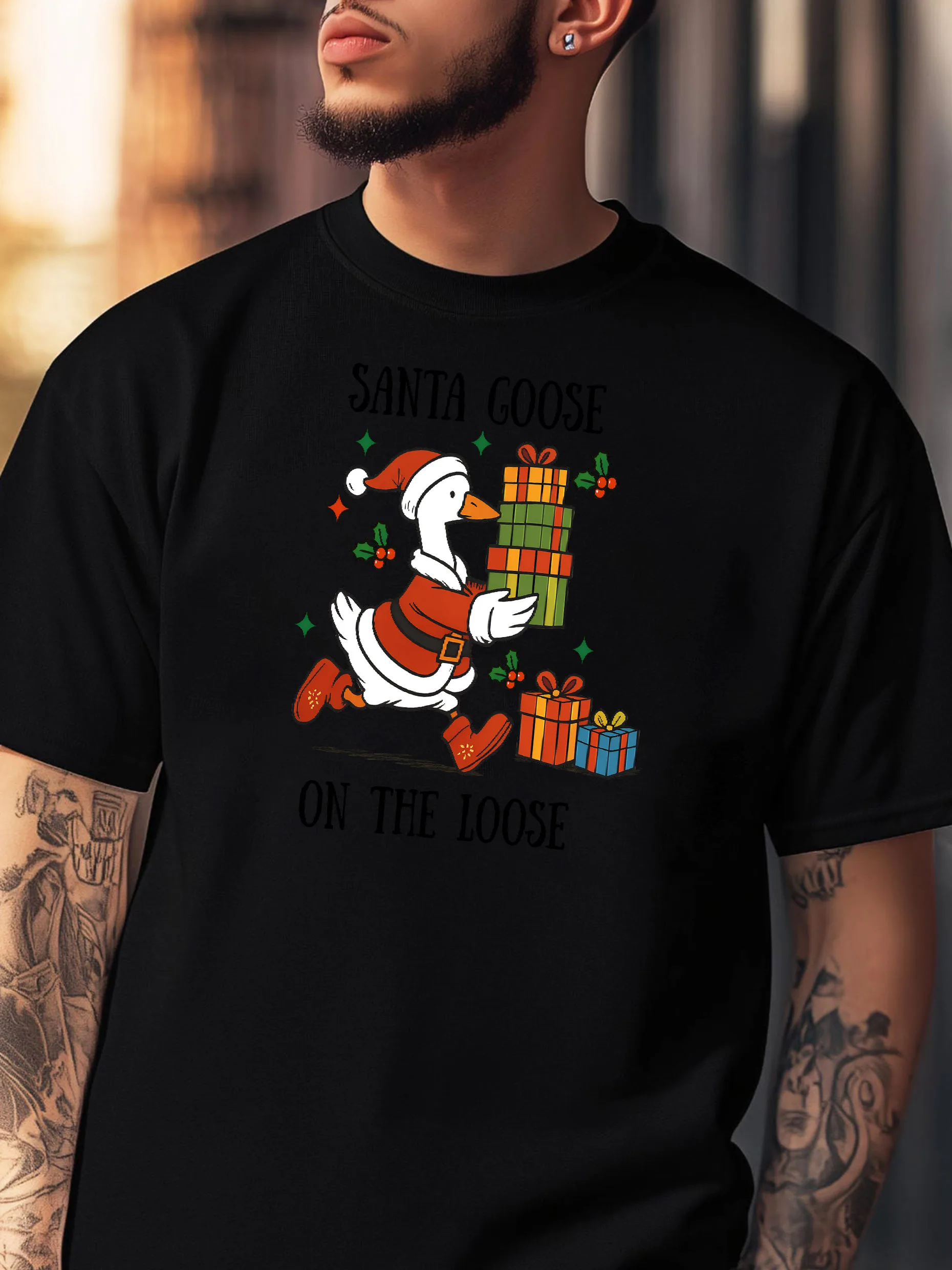 

Мужская футболка с рождественским принтом, черная с круглым вырезом с коротким рукавом, 100% хлопок