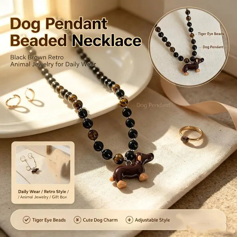 Dachshund Pendant Necklace Cartoon Tiger Eyes Stone Jewelry Durable Chain for Outdoor Activities Wearing