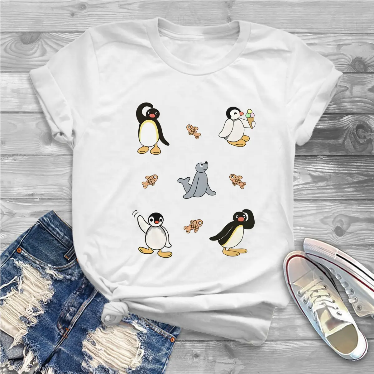 Friends Newest Polyester TShirts Pingu Female Harajuku Tops T Shirt Round Neck