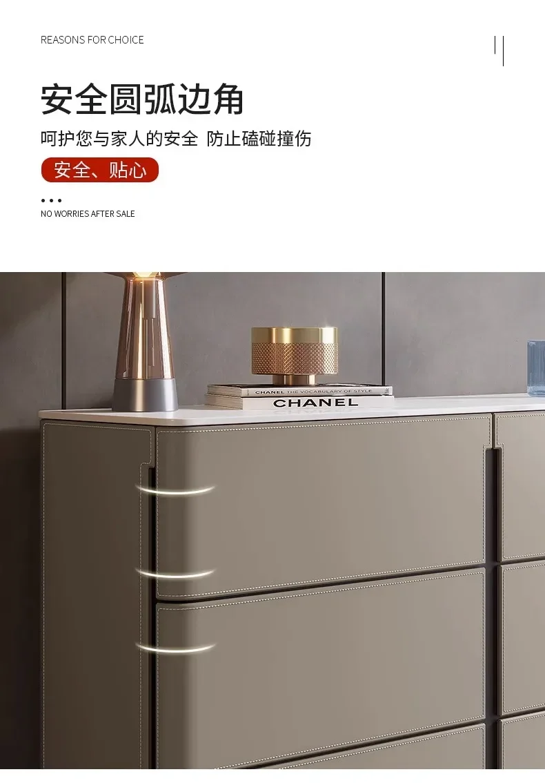 Cassettiera da tè moderna da parete in stile crema di lusso leggero, per soggiorno, per uso domestico, in pelle, con piastra in pietra, cassettiera laterale da pranzo