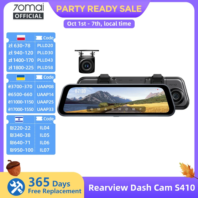70mai Dash Cam S410 Touch Screen Full View 1944P External GPS 24H Parking Monitor Front and Backyup Car DVR Mirror 70mai S410