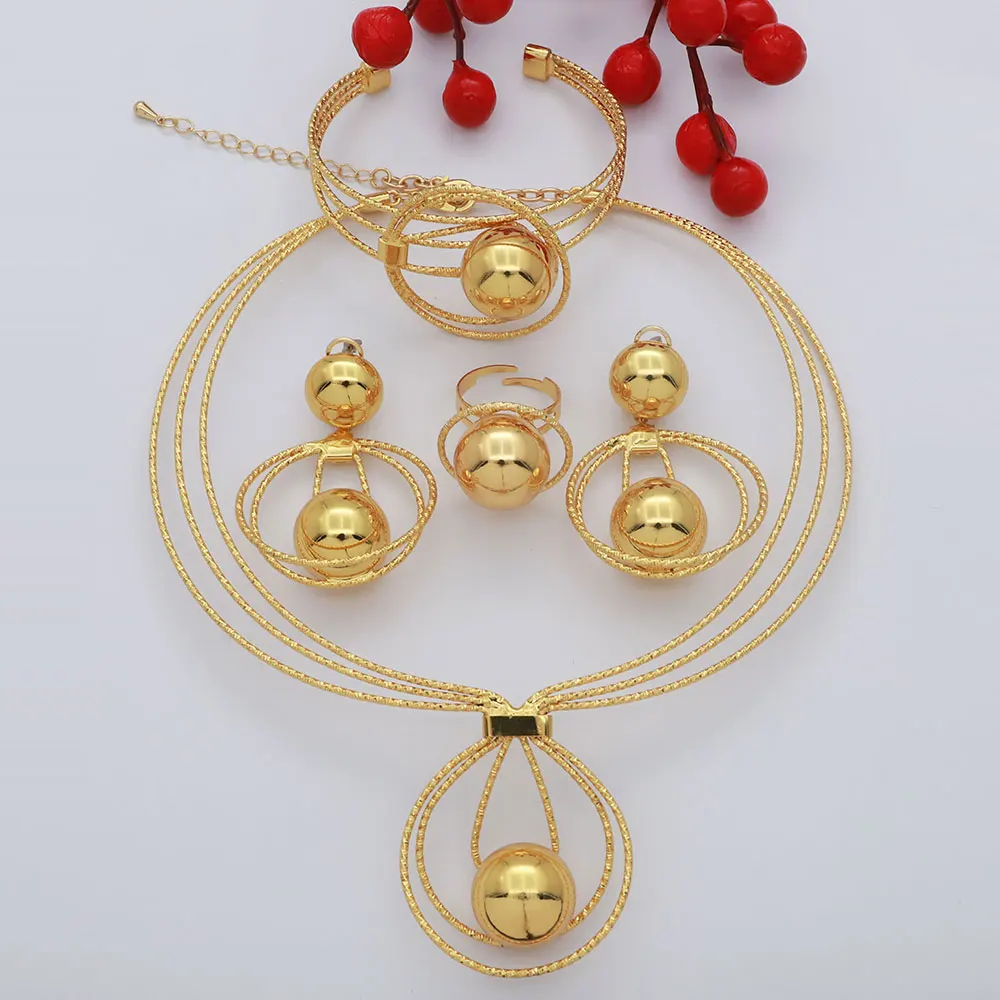Brazilian 18K Gold Plated Jewelry Set Exquisite Big Round Beads Pendant Necklace Bracelet Earring Ring Wedding Party Gift