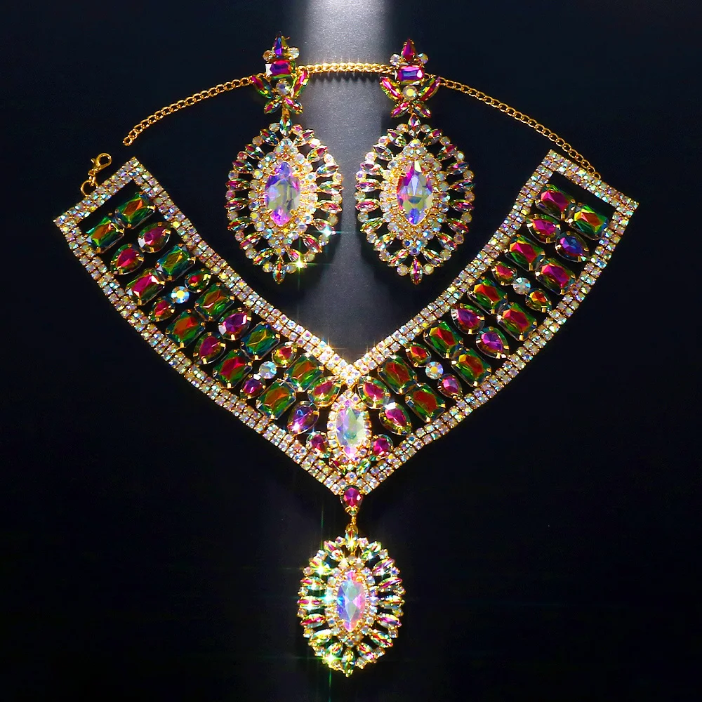 AB Colorful Rhinestone Exaggerated Jewelry Set Party Accessories Bridal Geometric Crystal Necklace Earrings Set for Women