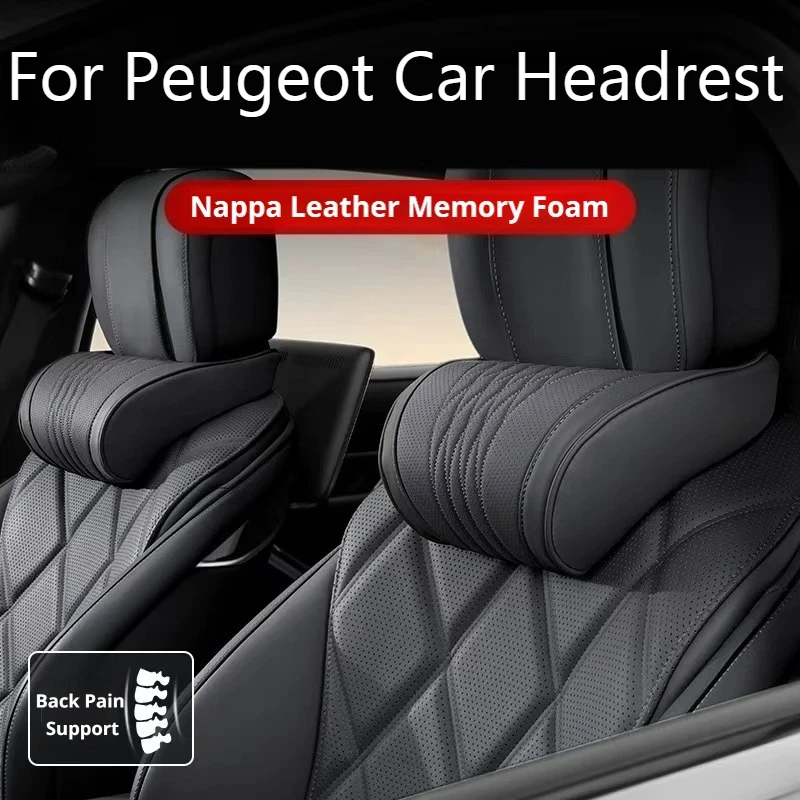 1Set Leather Car Headrest Lumbar Support Memory Foam Neck Pillow Fits Peugeot E-208 E-2008 3008 5008 208 408 508 308 SW E-308