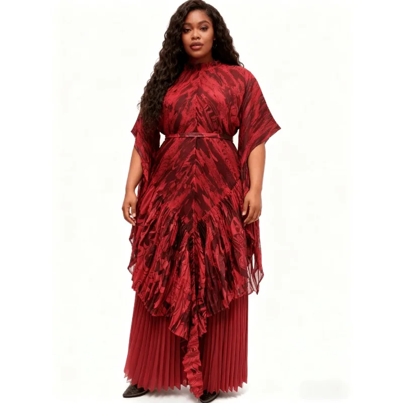 Miyake Pleated Print Set 2026 New Waist-Cinching Long Top Loose Elastic Draped Wide-Leg Pants 2-Piece African Plus Size Women's