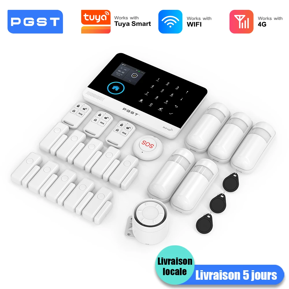 PGST système alarme anti vol WiFi 4G Works with Tuya Smart Life pack sécurité sans fil intelligent protection domicile local commercial capteurs porte fenêtre surveillance à distance par téléphone
