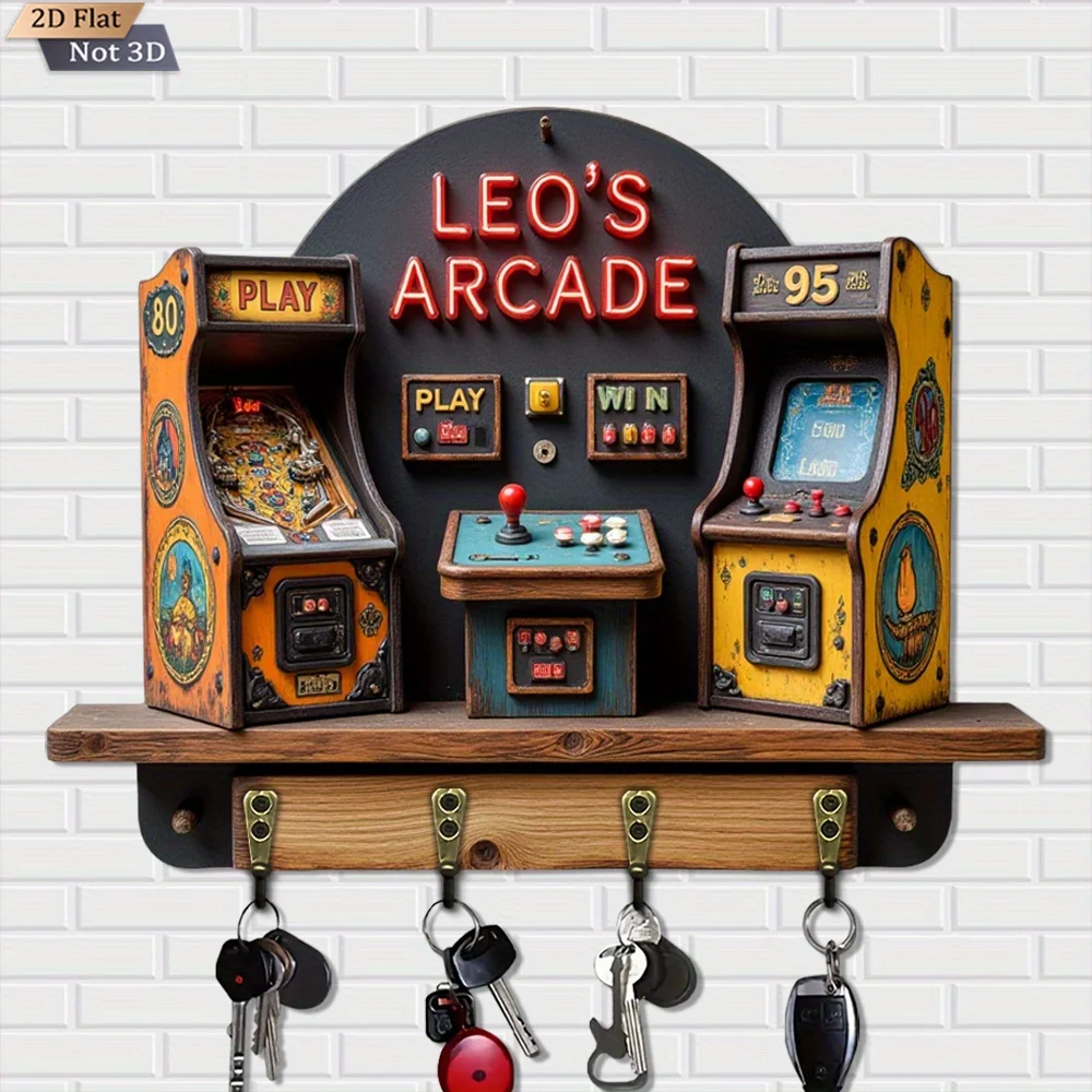 2D Flat, 1pc, Retro Arcade Style Key Hook Wooden Multifunctional Home Key Holder with Four Metal Hooks, Wall Decoration, Porch