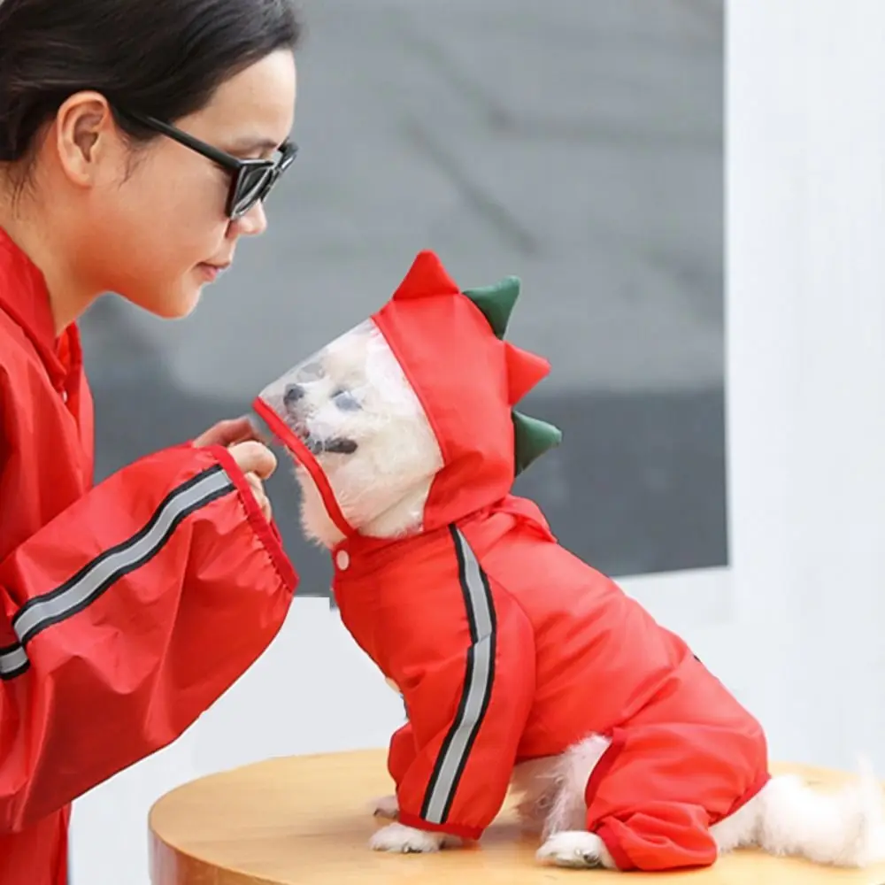 Cartoon Dog Raincoat with Hood Funny Shape Adjustable Waterproof Rain Jacket Quick-Drying Full-Coverage Dinosaur Pet Jumpsuit