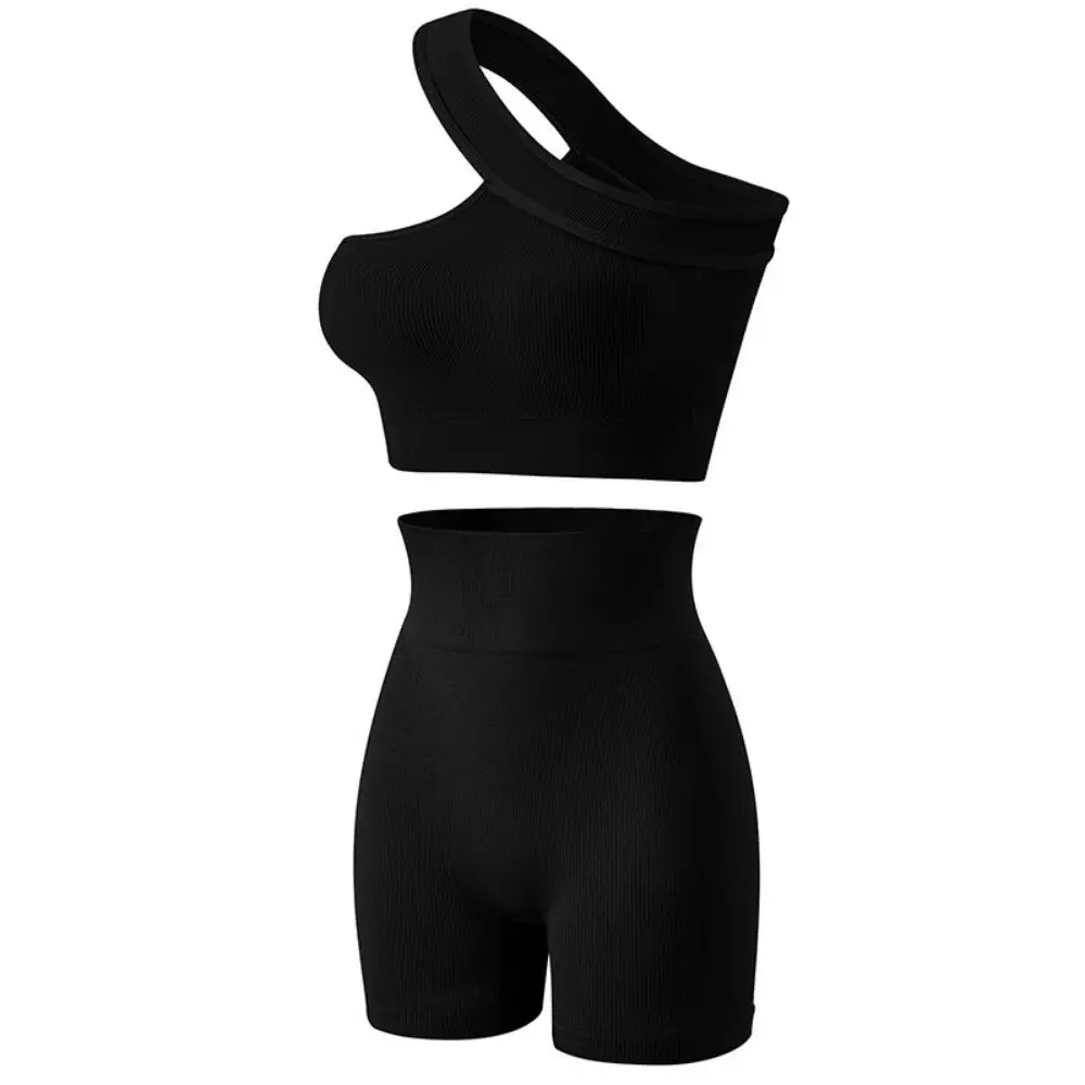 

2Pcs Casual Seamless Women Workout Sets High Waist One Shoulder Active Wear Tank Tops Ribbed Yoga Outfits Exercise